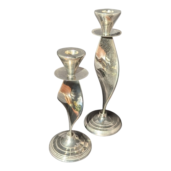 Silver Plated Twisted Brass Metal Candlestick Holders Ribbon Shape Set Of 2 Vtg - Picture 2 of 11